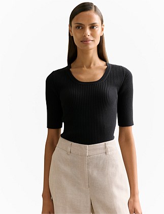 Cotton Cashmere Blend Rib Knit T-shirt