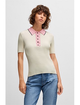 Ribbed-knit polo with polished-button placket