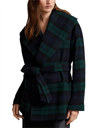 PLAID WOOL-BLEND TWILL WRAP COAT