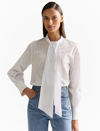 Yarn Dyed Cotton Stripe Tie Neck Shirt