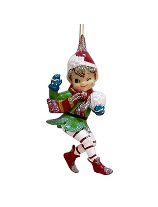 ELF WITH SNOWBALL RESIN ORNAMENT