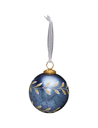 10CM ANTIQUE LEAF ON BLUE GLASS BAUBLE