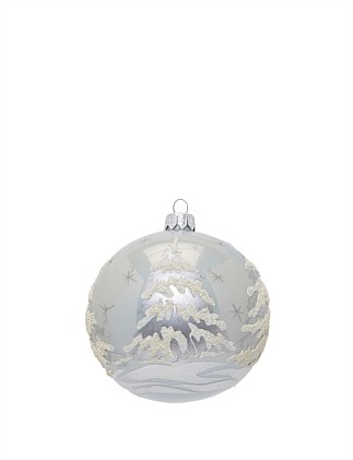 10CM WHITE CHRISTMAS TREES ON BLUE EUROPEAN GLASS BAUBLE