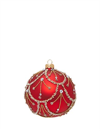 10CM METALLIC SWAGS ON RED EUROPEAN GLASS BAUBLE