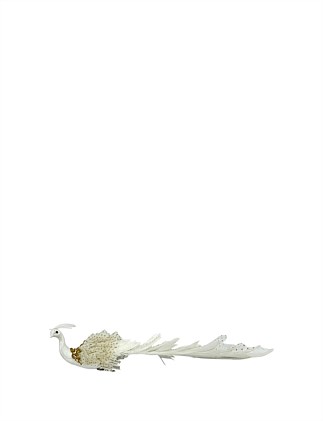 40CM WHITE FEATHER AND JEWEL PEACOCK CLIP ORNAMENT