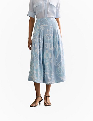 Draped Twill Butterfly Print Pleat Detail Skirt