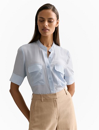 Silk Collarless Pocket Detail Shirt