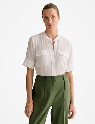 Silk Collarless Pocket Detail Shirt