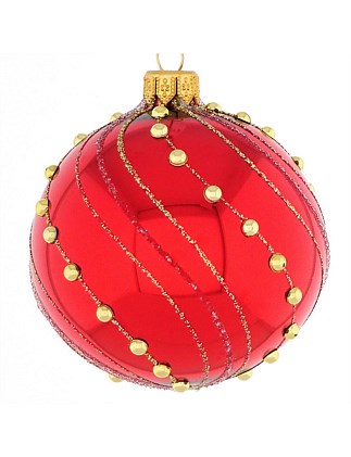 8cm Red European Glass Bauble with Gold Scrolls and Pearls