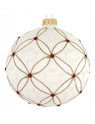 12cm White European Glass Bauble with Gold Net