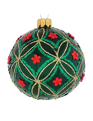 8cm Green Floral European Glass Bauble with Gold Net