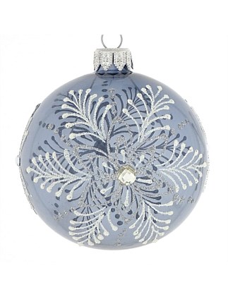 8cm Grey European Glass Bauble with Snowflake detail