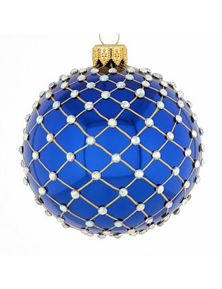 8cm Navy European Glass Bauble with Gold Net