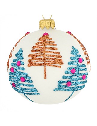 8cm White European Glass Bauble with Christmas Trees