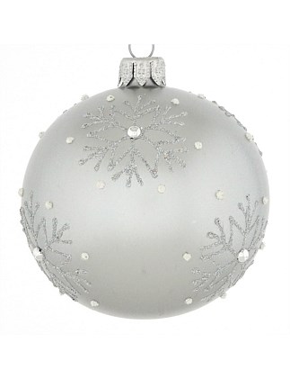 8cm Grey Pearl European Glass Bauble with Snowflake Detail