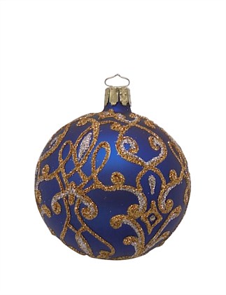 8CM HAND DECORATED GOLDEN SCROLLS ON BLUE GLASS BAUBLE