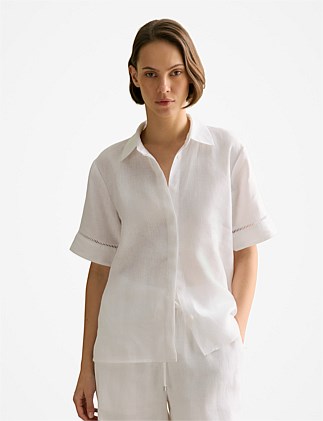 Delave Linen Ladder Stitch Detail Short Sleeve Shirt