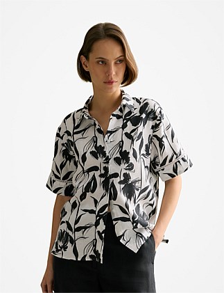 Linen Floral Ladder Stitch Detail Short Sleeve Shirt