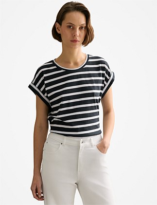 Pima Cotton Stripe Cuff Detail T-shirt