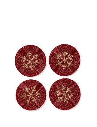 RED HAND EMBROIDERED SNOWFLAKE COASTER SET OF 4