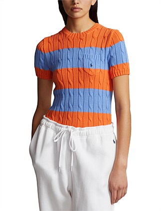 STRIPED CABLE-KNIT SHORT-SLEEVE SWEATER