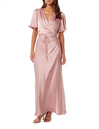 CHELSEA FLUTTER SLEEVES SATIN MAXI DRESS