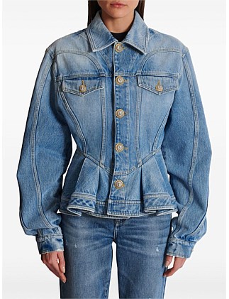 BUTTONED LIGHT BLUE RUFFLED DENIM JACKET