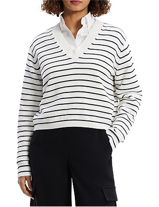 CROPPED V-NECK COTTON PULLOVER