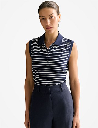 Australian Cotton Stripe Sleeveless Polo Top