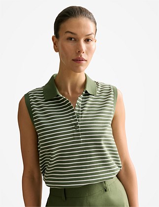 Australian Cotton Stripe Sleeveless Polo Top