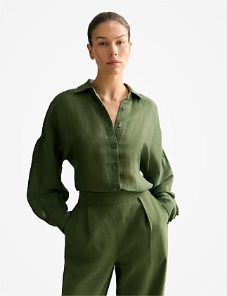 Linen Silk Relaxed Blouson Sleeve Shirt