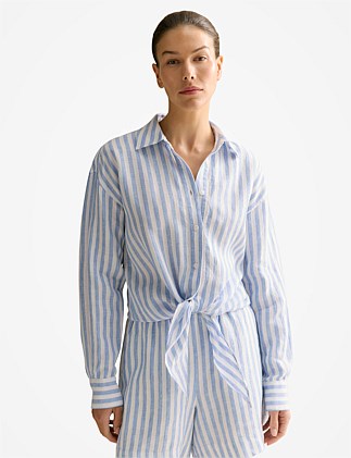 Yarn Dyed Linen Stripe Tie Front Shirt