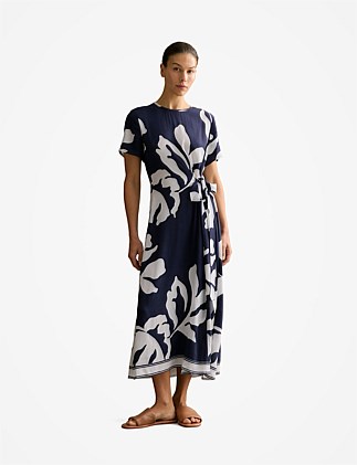 Palm Gathered Tie Waist Dress