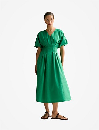 Cotton Sateen Pleat Waist Dress