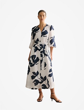 Palm Blouson Sleeve Tie Waist Dress