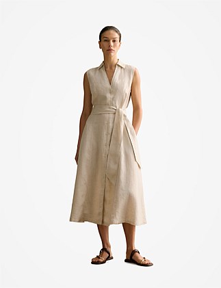 Yarn Dyed Linen Panel Detail Sleeveless Shirt Dress