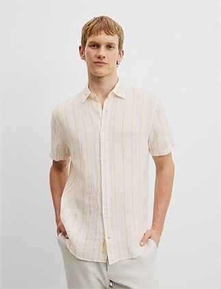 Regular Fit Stripe Organically Grown Linen Short Sleeve Shirt