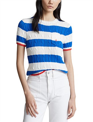 STRIPE CABLE COTTON SHORT-SLEEVE SWEATER