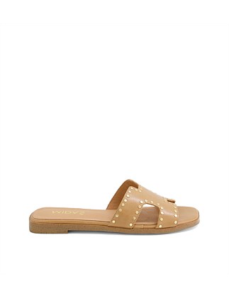 Lyenn Tan Gold Leather Slides