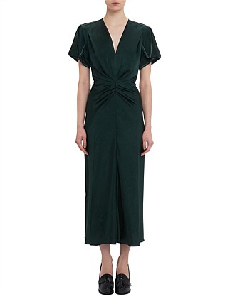 GATHERED V-NECK MIDI DRESS