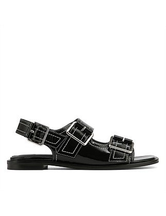 EDIE Black Crinkle Patent Leather Sandal