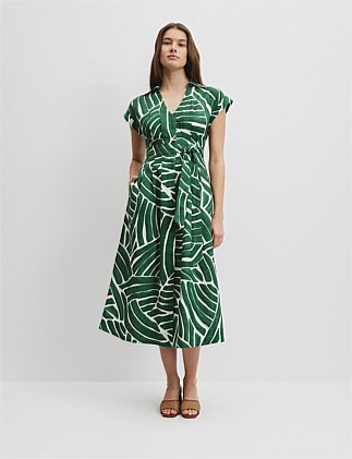 Organically Grown Linen Print Tuck Detail Midi Dress