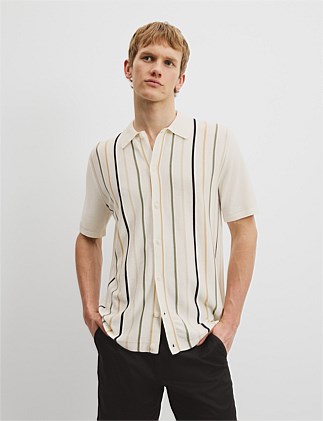 Cotton Silk Multi Stripe Stretch Knit Shirt