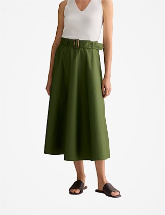 Cotton Sateen Belted Midi Skirt