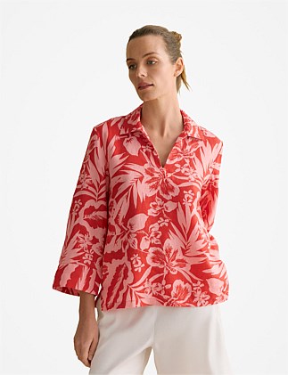 Linen Hibiscus Relaxed Popover Shirt