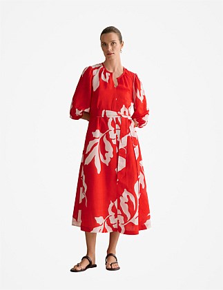 Stencil Palm Blouson Sleeve Tie Waist Dress