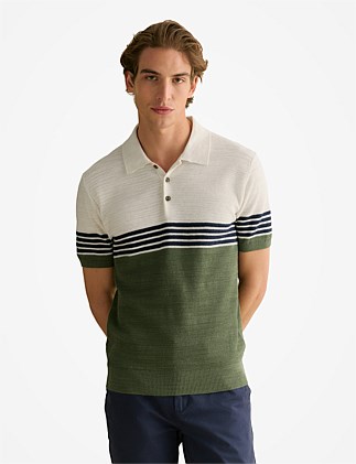 Cotton Linen Textured Colourblock Stripe Polo