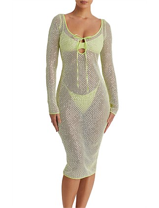 MISTRESS ROCKS LIME SEQUINNED CROCHET MIDI DRESS