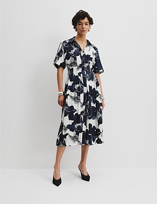 Organically Grown Linen Blend Print Cinched Shirt Dress