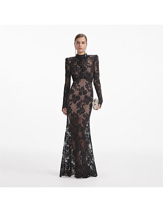 BLACK RHINESTONE LACE MAXI DRESS